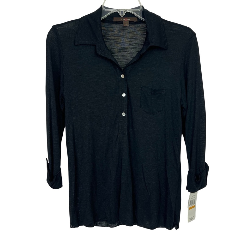 Fever Women’s Pullover 3 Button Top Sz Small Black 3/4 Length Sleeve Collar
